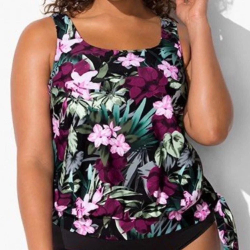 Floral Tankini Top New Side Tie Blouson Swimsuits For all Plus size 24